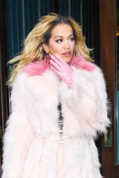 Rita Ora in a Pink Fur Coat With Pink Gloves Heads to the Taping of The Tonight Show Starring Jimmy Fallon in NYC