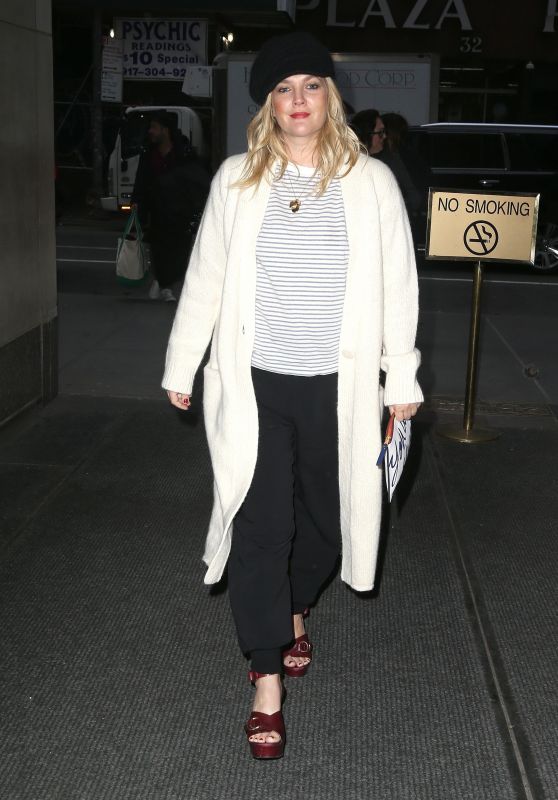 Drew Barrymore in a Long Sweater Trench Coat - Arriving at the "Today" Show in NYC 03/20/2018