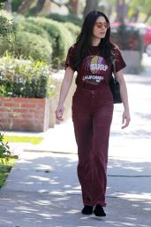Jessica Gomes in Maroon Corduroy Pants and T Shirt - Beverly Hills 03/29/2018