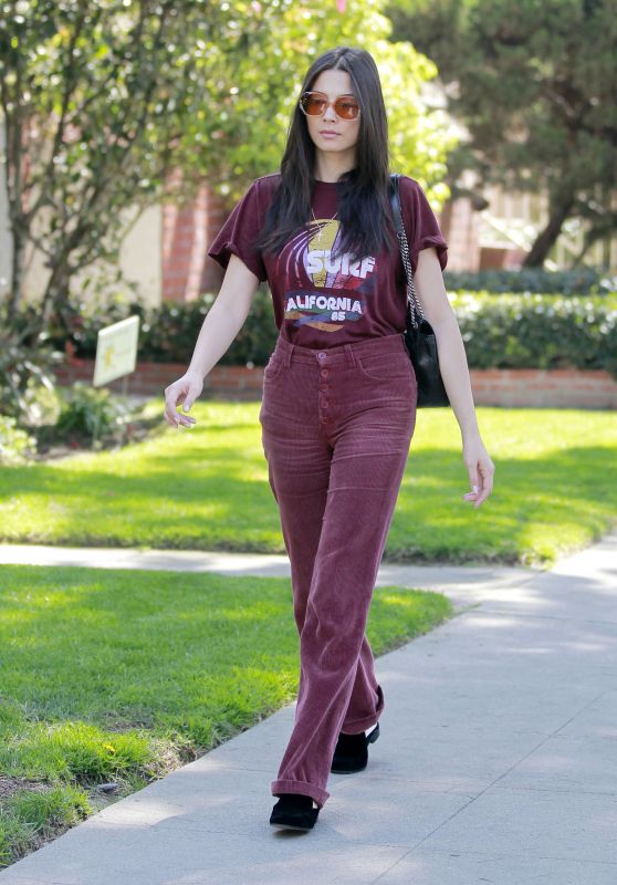 Jessica Gomes in Maroon Corduroy Pants and T Shirt - Beverly Hills 03/29/2018