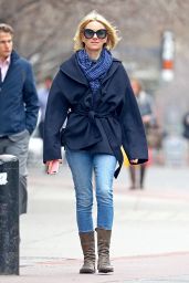 Naomi Watts in a Navy Coat and Blue Denim Jeans - NYC 03/29/2018