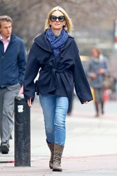 Naomi Watts in a Navy Coat and Blue Denim Jeans - NYC 03/29/2018