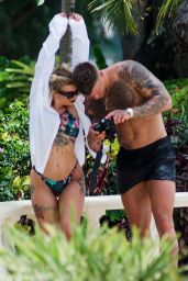 Olivia Buckland in a Patterned Bikini on the Beach in Barbados