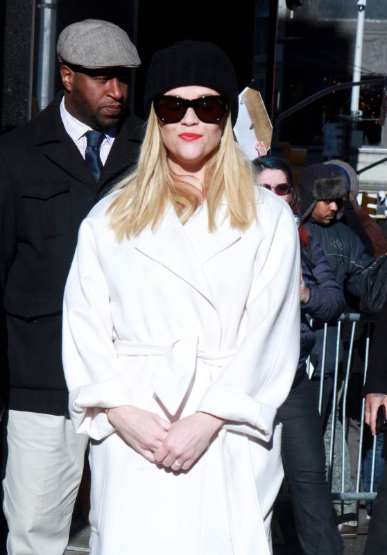 Reese Witherspoon in Wintery White Coat - GMA in New York 03/08/2018