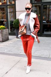 Rosie Huntington-Whiteley in an Orange Leather Pants and Leather Shearling Fur Jacket  - Crosby Hotel in NYC