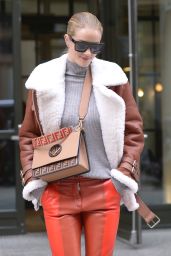 Rosie Huntington-Whiteley in an Orange Leather Pants and Leather Shearling Fur Jacket  - Crosby Hotel in NYC