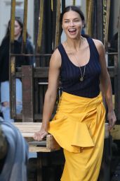 Adriana Lima in a Yellow Skirt with a Blue Singlet Top - Photoshoot in NYC 04/20/2018