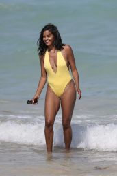 Claudia Jordan in a Yellow Swimsuit - Celebrates Her 45th Birthday in Miami Beach 04/13/2018