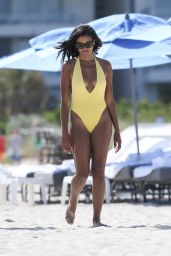 Claudia Jordan in a Yellow Swimsuit - Celebrates Her 45th Birthday in Miami Beach 04/13/2018
