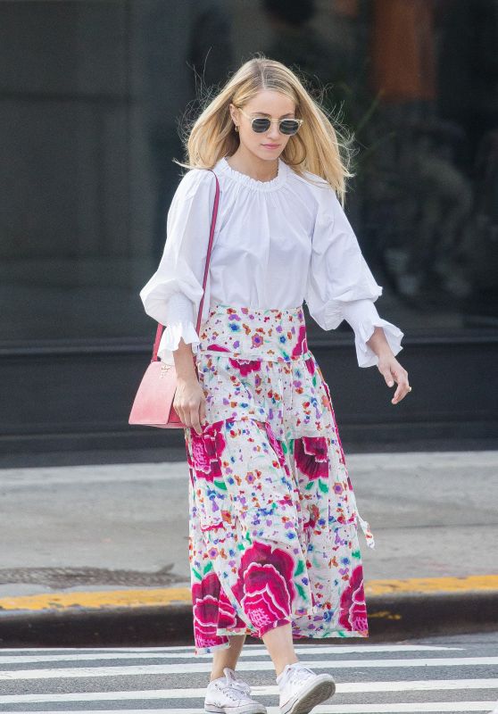 Dianna Agron in a White Blouse and Long Floral Skirt - Soho in New York 04/13/2018