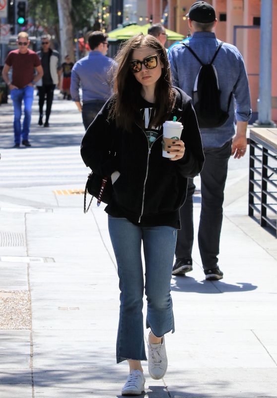 Lily Collins in Casual Outfit - Out to Get a Coffee from Starbucks 04/16/2018