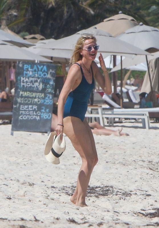 Naomi Watts in a Blue Swimsuit on the Beach in Tulum 04/05/2018