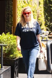 Reese Witherspoon in "Masculin Feminin" Shirt - Leaves R+D Restaurant in Santa Monica
