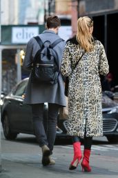 Romee Strijd in Animal Print Jacket and Black Leather Pants at SweetGreen in NYC
