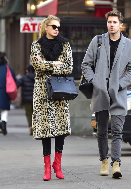 Romee Strijd in Animal Print Jacket and Black Leather Pants at SweetGreen in NYC