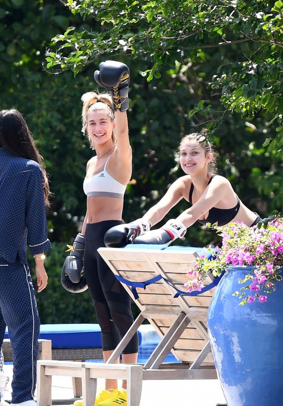 Bella Hadid and Hailey Baldwin - Boxing Workout in the Garden in Miami Beach