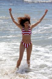 Blanca Blanco in a Red and White Striped Bikiniat the Beach in Malibu 05/08/2018