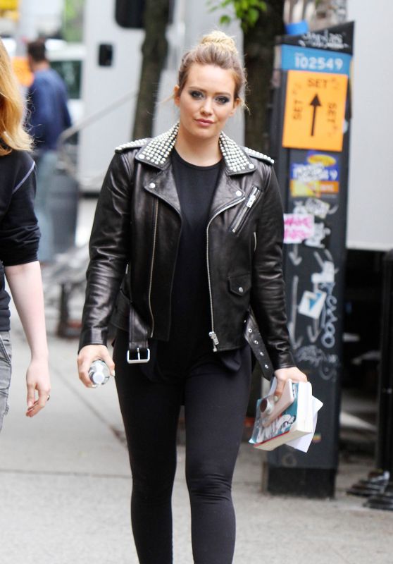 Hilary Duff in Studded Leather Jacket - New York 05/23/2018