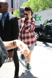 Kendall Jenner in a Plaid Oversized Shirt Over Her Black Tee, Denim Jeans and Colored Vintage Sneakers - Tribeca, NY 05/24/2018