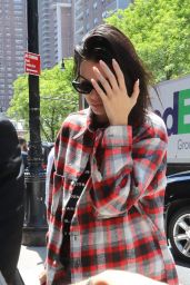 Kendall Jenner in a Plaid Oversized Shirt Over Her Black Tee, Denim Jeans and Colored Vintage Sneakers - Tribeca, NY 05/24/2018
