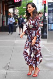 Olivia Munn in a Brown and White Dress - Leaves The Greenwich Hotel in Downtown New York 05/23/2018