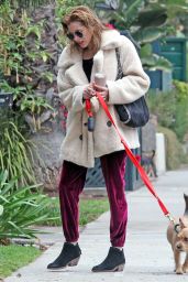 Rachael Taylor in a Red Velvet Ensemble Walking Her Dog in LA 05/12/2018