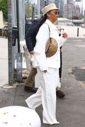 Rihanna in an All White Oversized Outfit in New York 05/10/2018