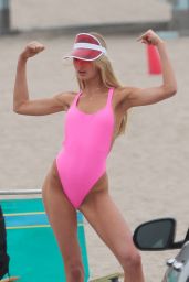 Romee Strijd in a Pink Swimsuit on the Beach in Malibu 05/13/2018