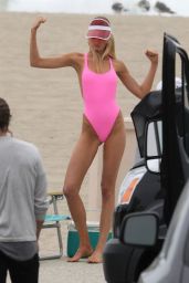 Romee Strijd in a Pink Swimsuit on the Beach in Malibu 05/13/2018
