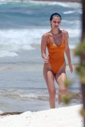 Bella Hadid in an Orange Swimsuit at the Beach in Cancun 06/06/2018