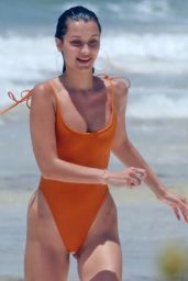 Bella Hadid in an Orange Swimsuit at the Beach in Cancun 06/06/2018