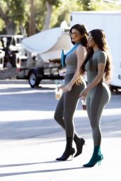 Kylie Jenner and Kim Kardashian in Skintight Grey and Black Halter Tops and Leggings - Calabasas 06/11/2018