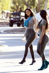 Kylie Jenner and Kim Kardashian in Skintight Grey and Black Halter Tops and Leggings - Calabasas 06/11/2018