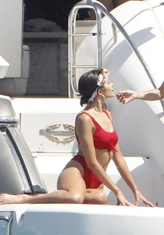 Olivia Culpo in a Red Bikini - Relaxes on a Yacht in Formentera 06/26/2018