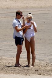 Pixie Lott in a White Swimsuit - Beach Day in Los Angeles 06/25/2018