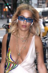 Rita Ora Braless in Low-Cut Silk Dress - New York City 06/18/2018