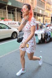 Rita Ora in a Cherry Patterned Dress and White Sneakers - New York City 06/14/2018