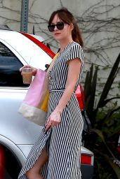 Dakota Johnson Wearing a Striped Summer Dress - Los Angeles 07/08/2018