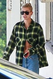 Hailey Baldwin in Oversized Jeans and a Large Flannel Shirt in West Hollywood