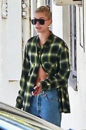 Hailey Baldwin in Oversized Jeans and a Large Flannel Shirt in West Hollywood