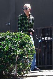 Hailey Baldwin in Oversized Jeans and a Large Flannel Shirt in West Hollywood