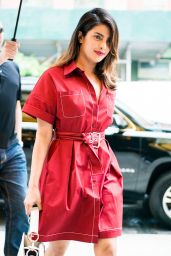 Priyanka Chopra in a Red Belted Shirt Dress - New York City 07/03/2018
