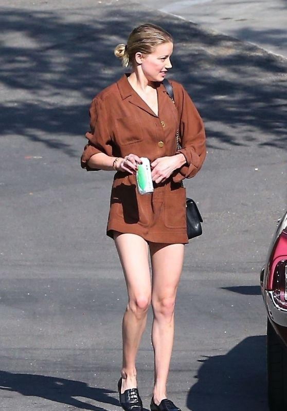 Amber Heard Leggy in a Short Brown Suede Dress - Hollywood Hills 08/27/2018