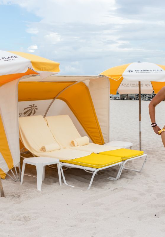 Claudia Romani in a Yellow and White Bikini on South Beach 08/19/2018