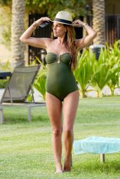 Danielle Lloyd in a Dark Green Swimsuit on Holiday in Dubai 08/20/2018