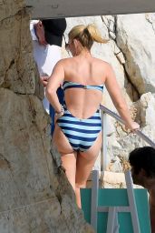 Hofit Golan in Plunging Striped Swimsuit at Eden Roc, Antibes July 2018