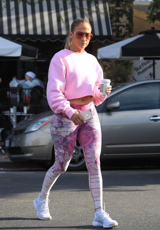 Jennifer Lopez in Pink Patterned Leggings and a Crop Top Sweater - West Hollywood 08/30/2018
