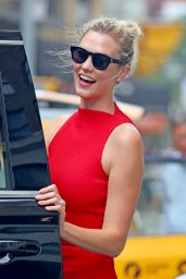 Karlie Kloss in a Red Body Con Midi Dress in NYC 08/02/2018