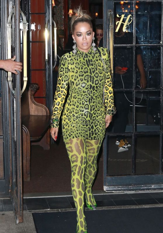 Rita Ora in Neon Green Leopard Print - Night Out in NYC 08/19/2018