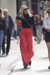 Devon Windsor in a Bright Red Flared Pants - Shopping in NYC 09/20/2018